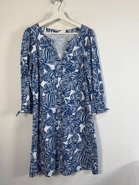 Lilly Pulitzer Cath Dress Womens Large Blue White Tropical Leaf Knit Shift Mini